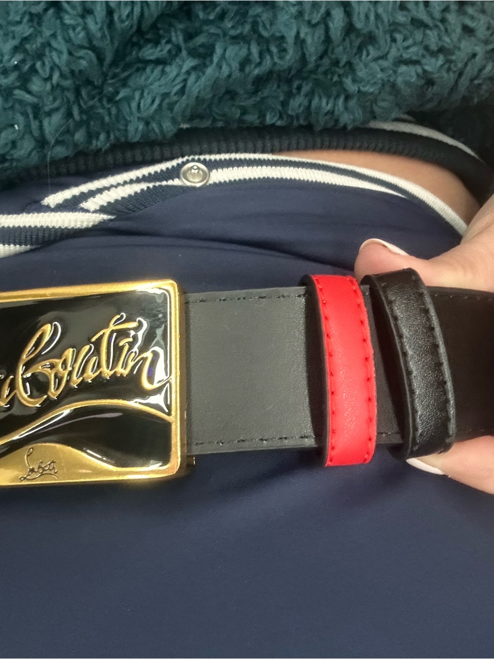 LUX Black Leather Belt with Red Interior and Gold Logo Buckle - Picture 6 of 7
